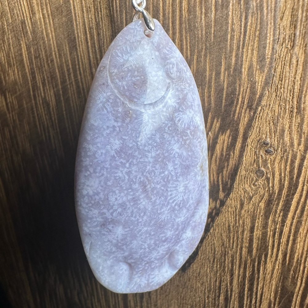 Ice Purple Coral Fossil Jade Fish Pendant Necklace on Brown Faux Suede - Picture 11 of 16